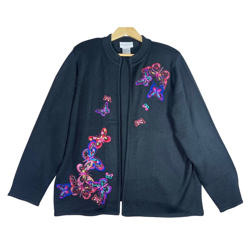 VTG Victor Costa Occasion Black Butterfly Embellished Knit GRANNY Cardigan Large